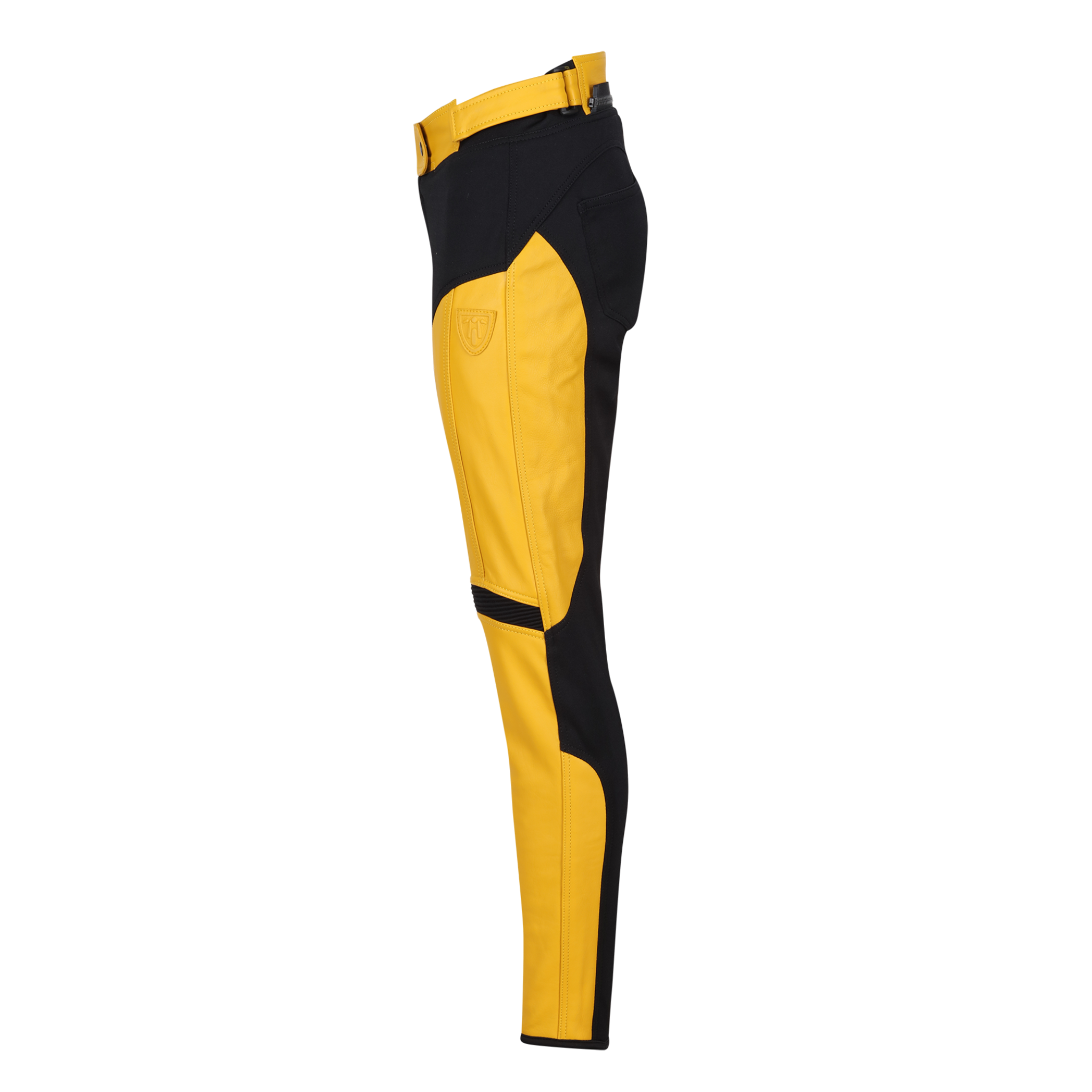the side of black yellow motorcycle leather and textile pants from the Moto Girl