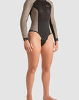 a woman wearing Black and grey moto bodysuit with Pando logo