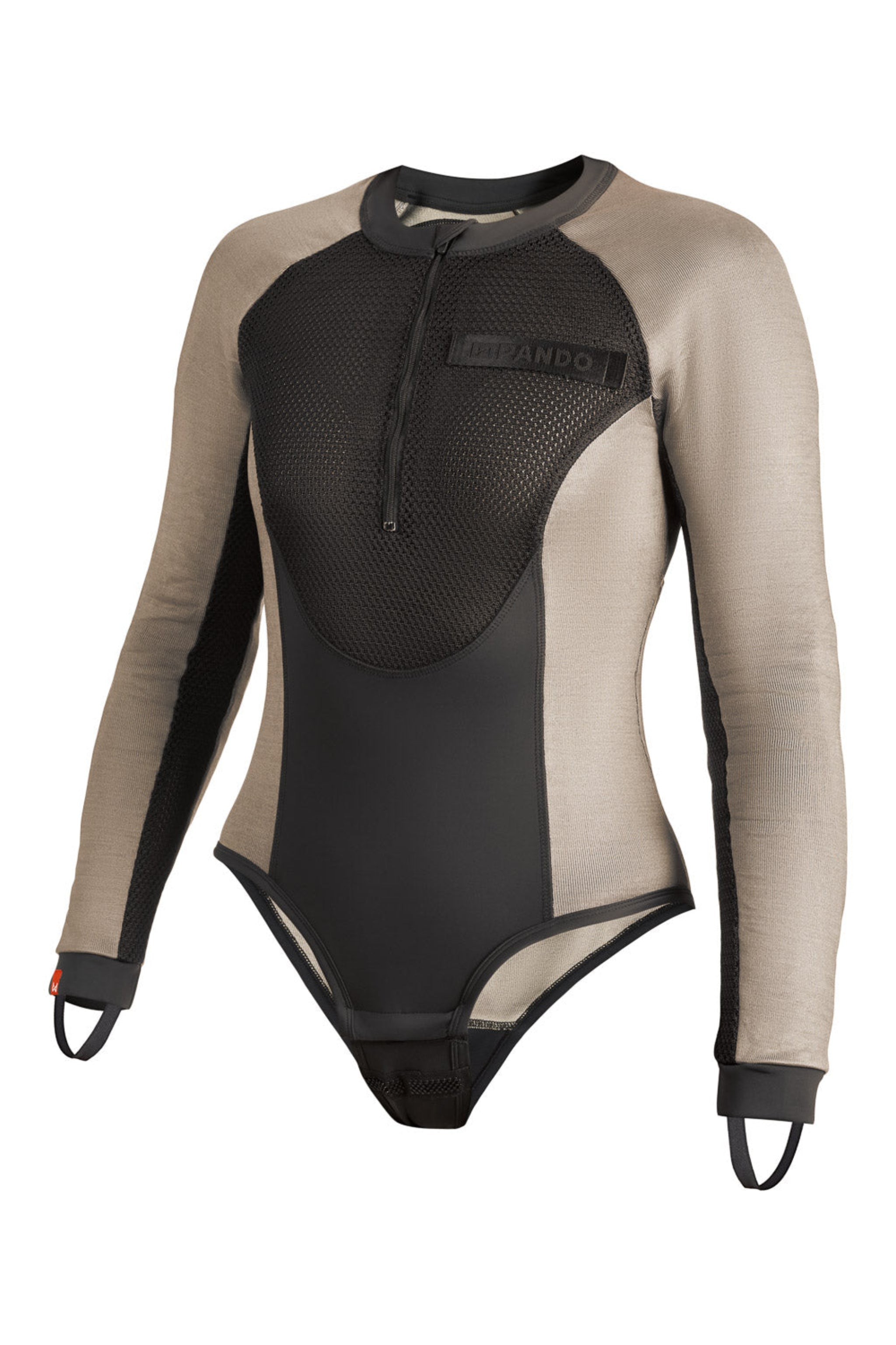 Black and grey moto bodysuit with Pando logo