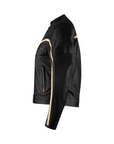 Black motorcycle jacket with beige accents on a white background