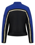 a back of Retro style blue and black women motorcycle jacket