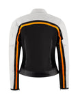 a back of retro style white, black and orange women motorcycle jacket