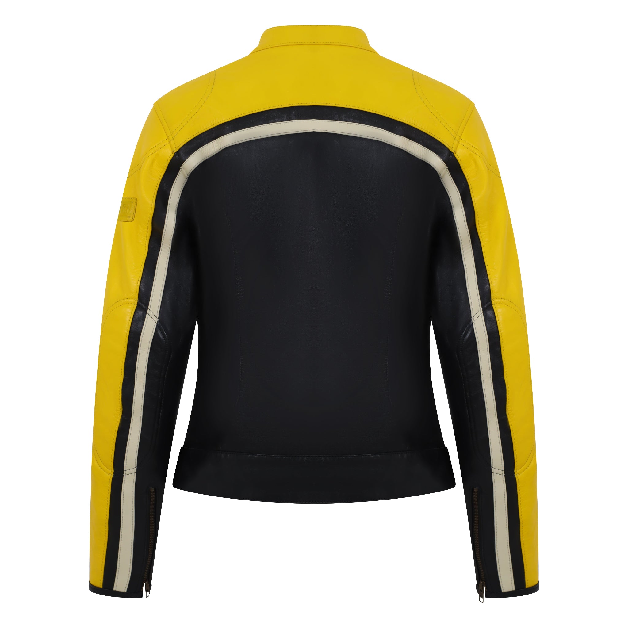 back of retro style black and yellow women motorcycle jacket