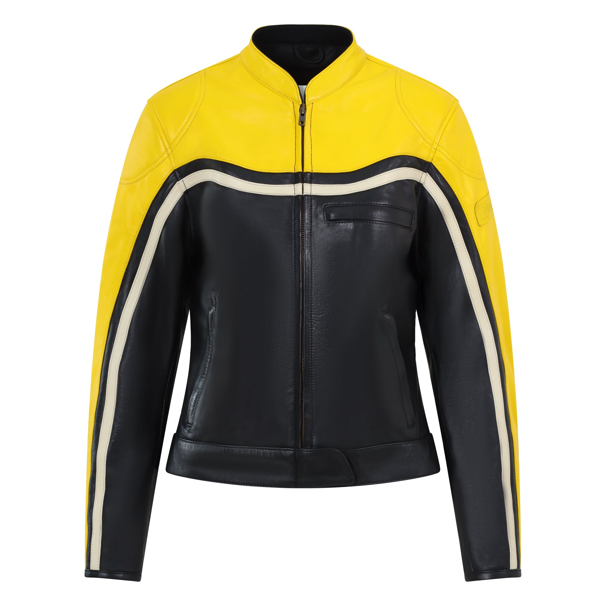 retro style black and yellow women motorcycle jacket