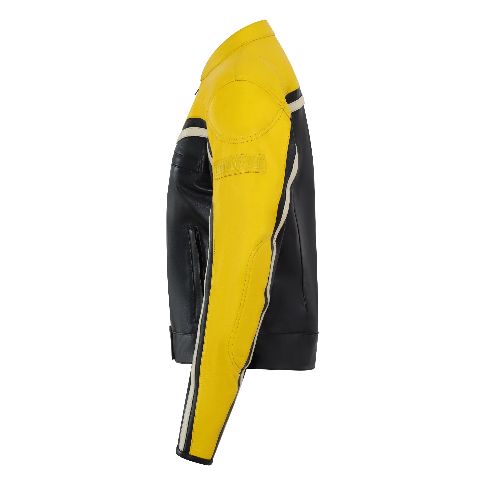 a side of retro style black and yellow women motorcycle jacket