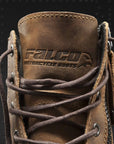 a close up of the brown leather  falco motorcycle boot