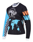 Long-sleeve shirt with world map design and colorful patterns on a white background