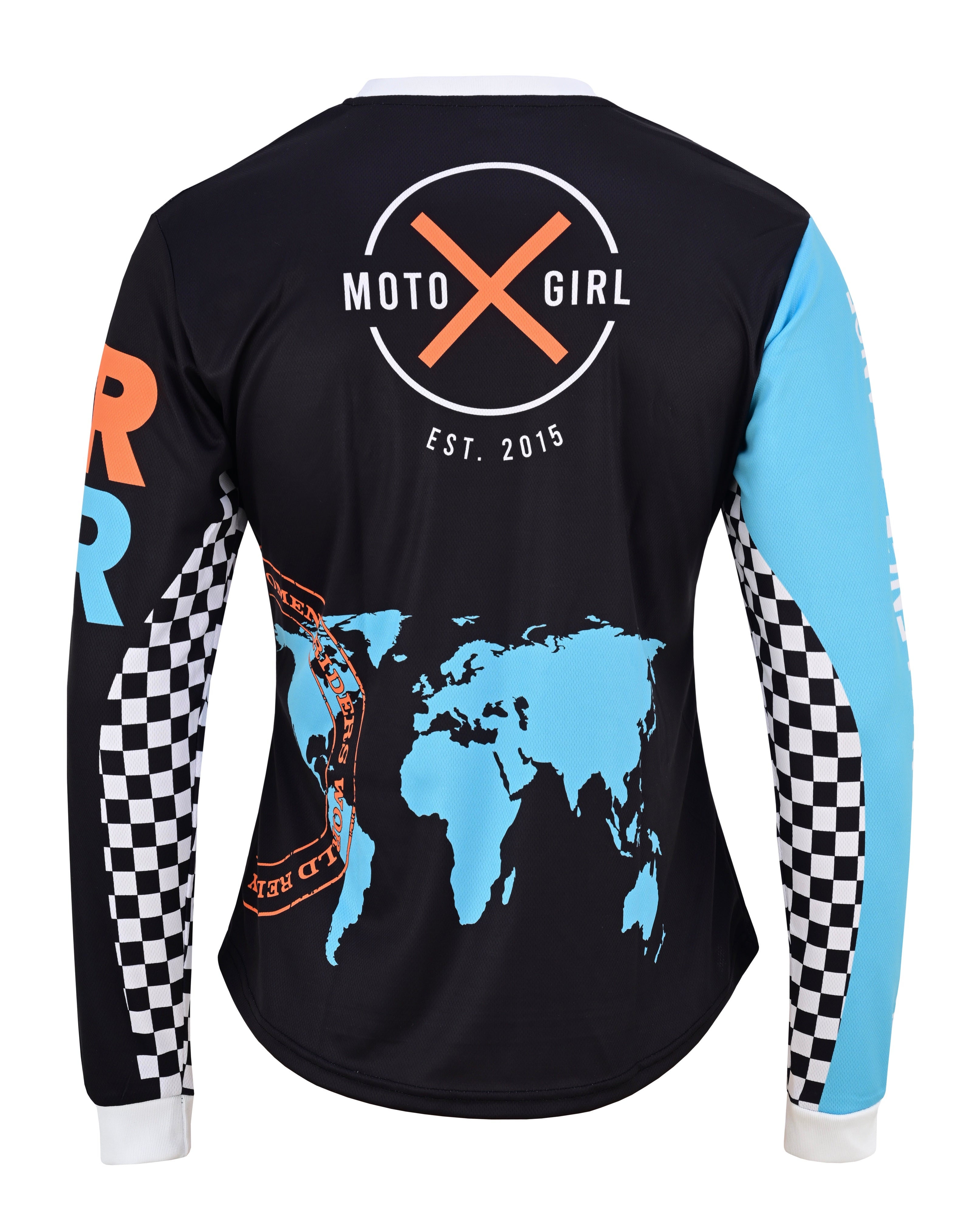 Black long-sleeve shirt with world map design and 'Moto Girl' branding on a white background