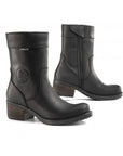 Women's black leather motorcycle shoes with a heel and zip from Falco