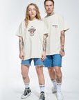 a woman and a man wearing motorcycle t-shirt with the slogan "my heart is V-shaped. What about yours