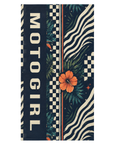 A rectangular bandana featuring a tropical and racing-inspired design. The left side has a dark navy vertical panel with the word 'MOTOGIRL' in cream block letters.