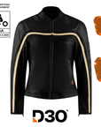 Black motorcycle jacket with beige accents and protective pads, featuring D30 branding and certification logos.