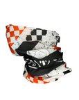 Multicolored patterned neck gaiter on a white background
