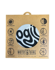 A circular black and white patterned patch displayed on a brown kraft paper backing card with printed feature icons and the Moto Girl brand name.