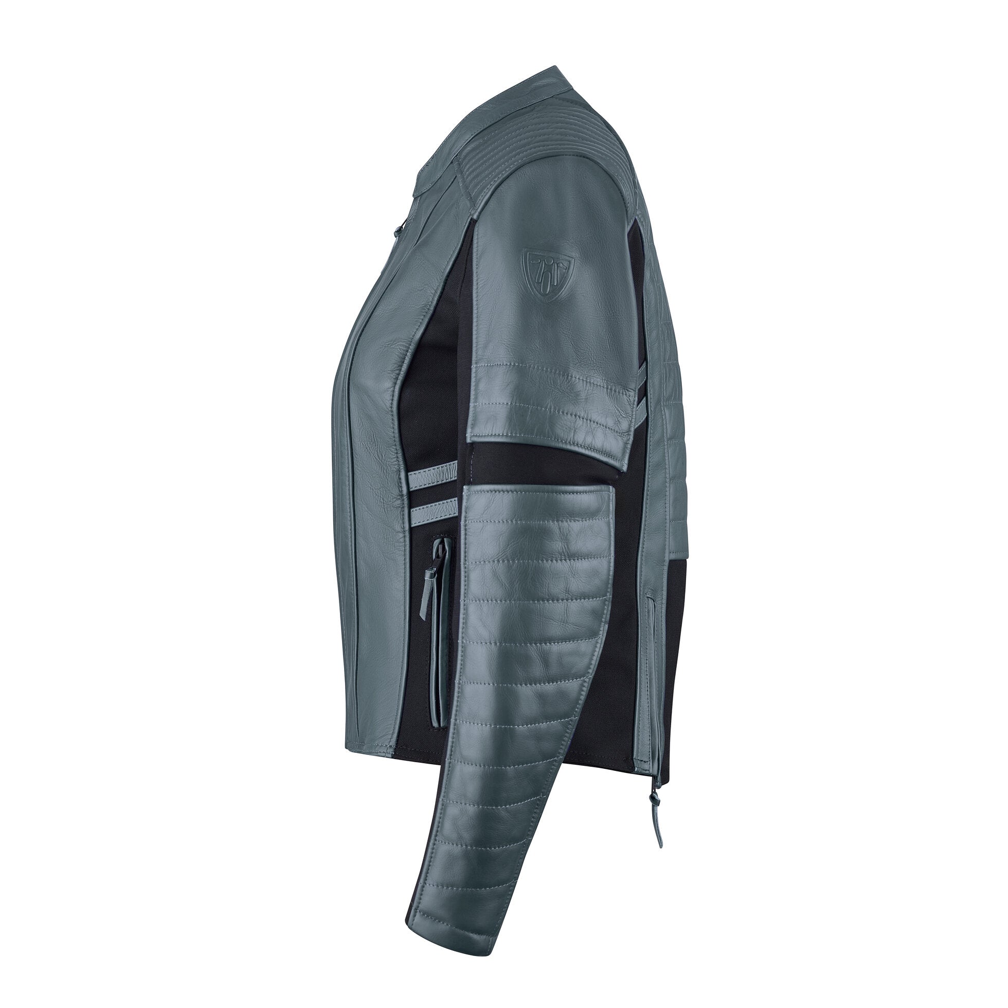 a side of grey and black motorcycle leather jacket for women