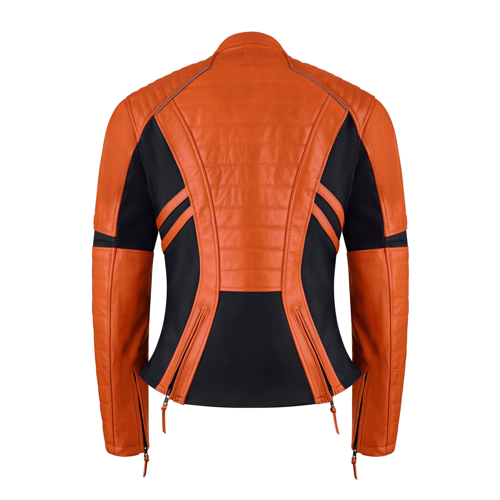 the back of bright orange motorcycle leather jacket for women with two hip zippers
