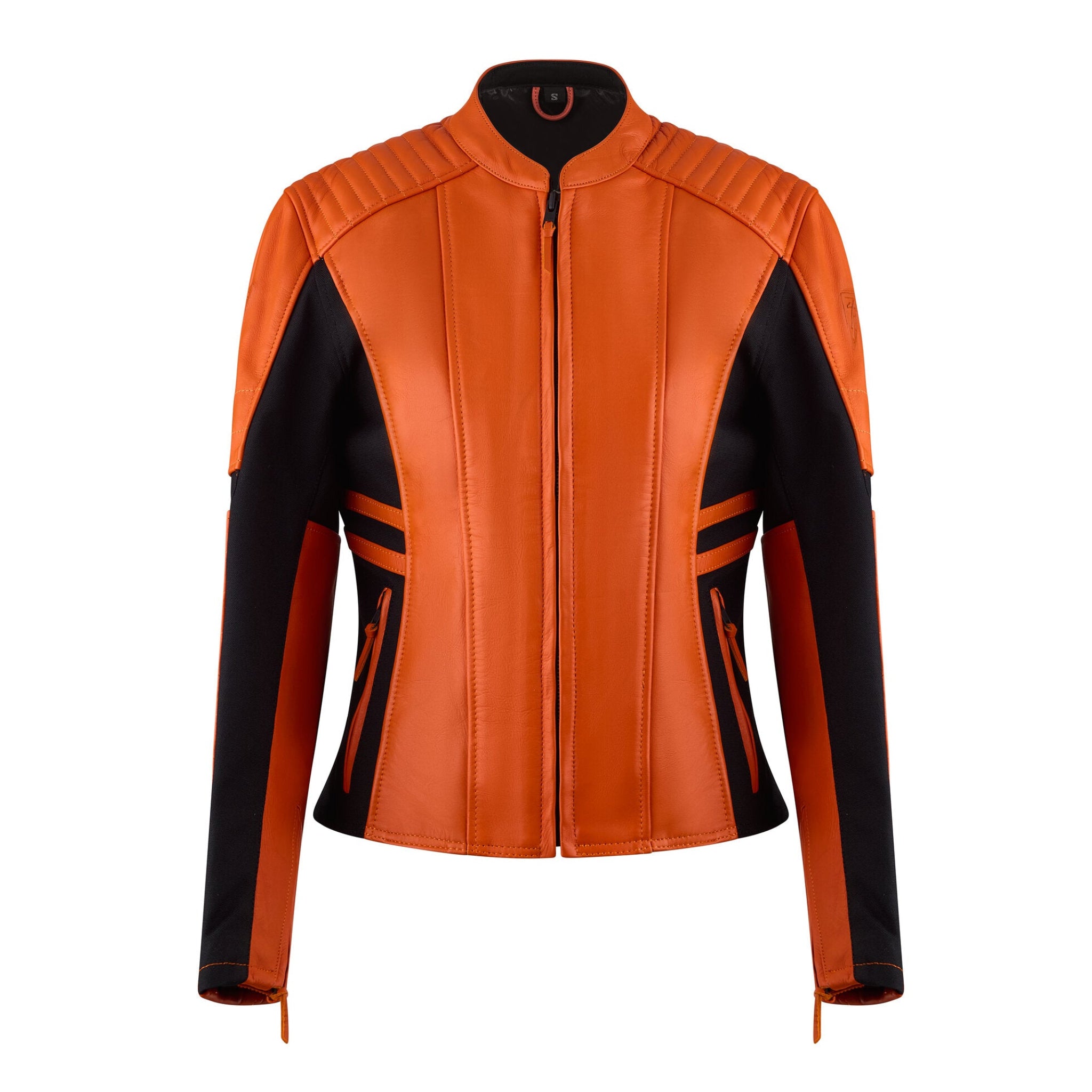bright orange motorcycle leather jacket for women with front zipper