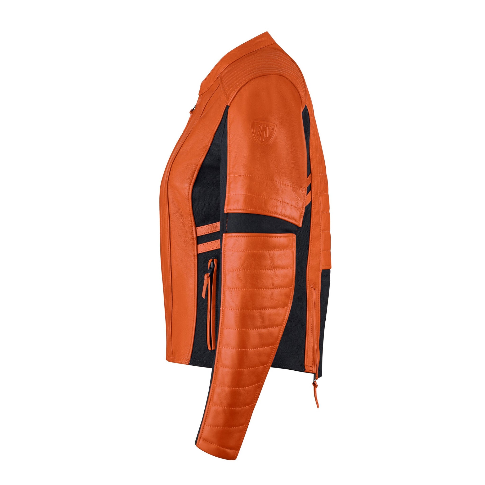 a side of a bright orange motorcycle leather jacket for women with front zipper