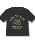 off-black wide cut short sleeve women's motorcycle t-shirt with helmet motive and Fragile like a bomb logo