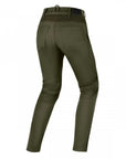 the back of slim fit khaki green lady motorcycle jeans