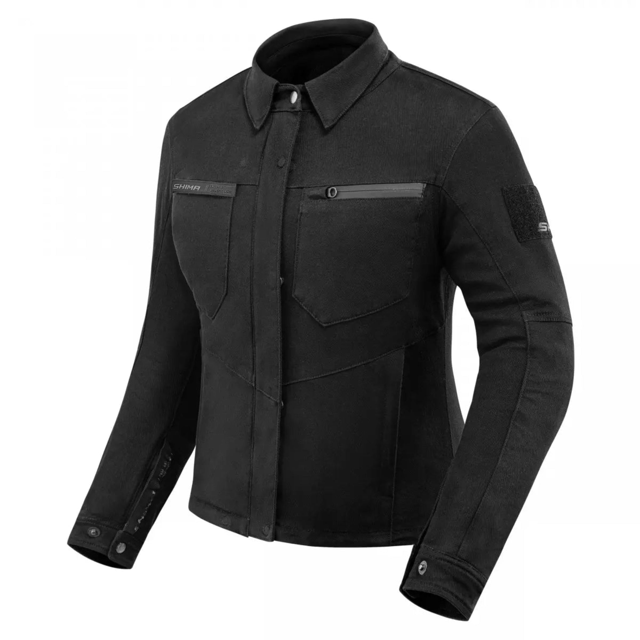Black shirt looking lady motorcycle jacket with front pockets and zippers