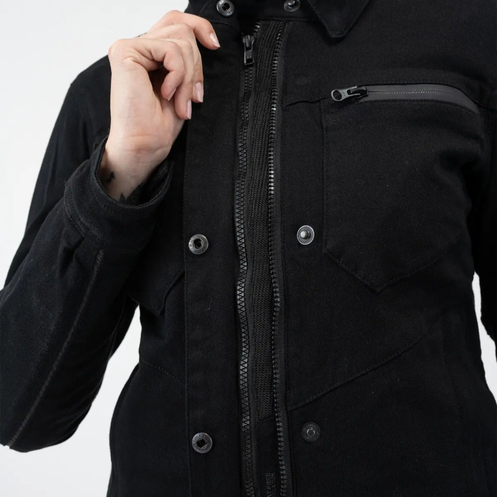 double zipper of black shirt looking lady motorcycle jacket with front pockets and zippers