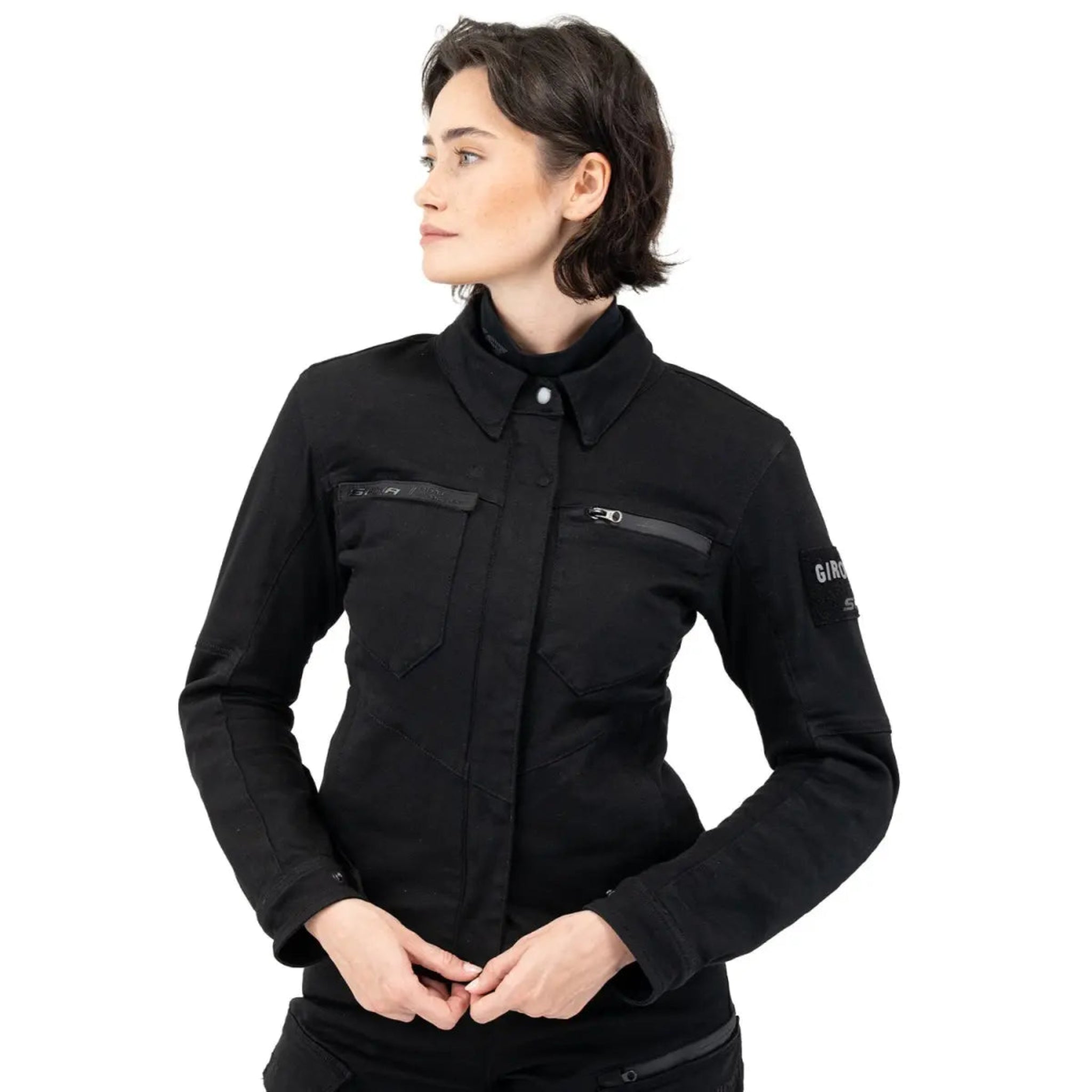 a young woman wearing Black shirt looking lady motorcycle jacket with front pockets and zippers