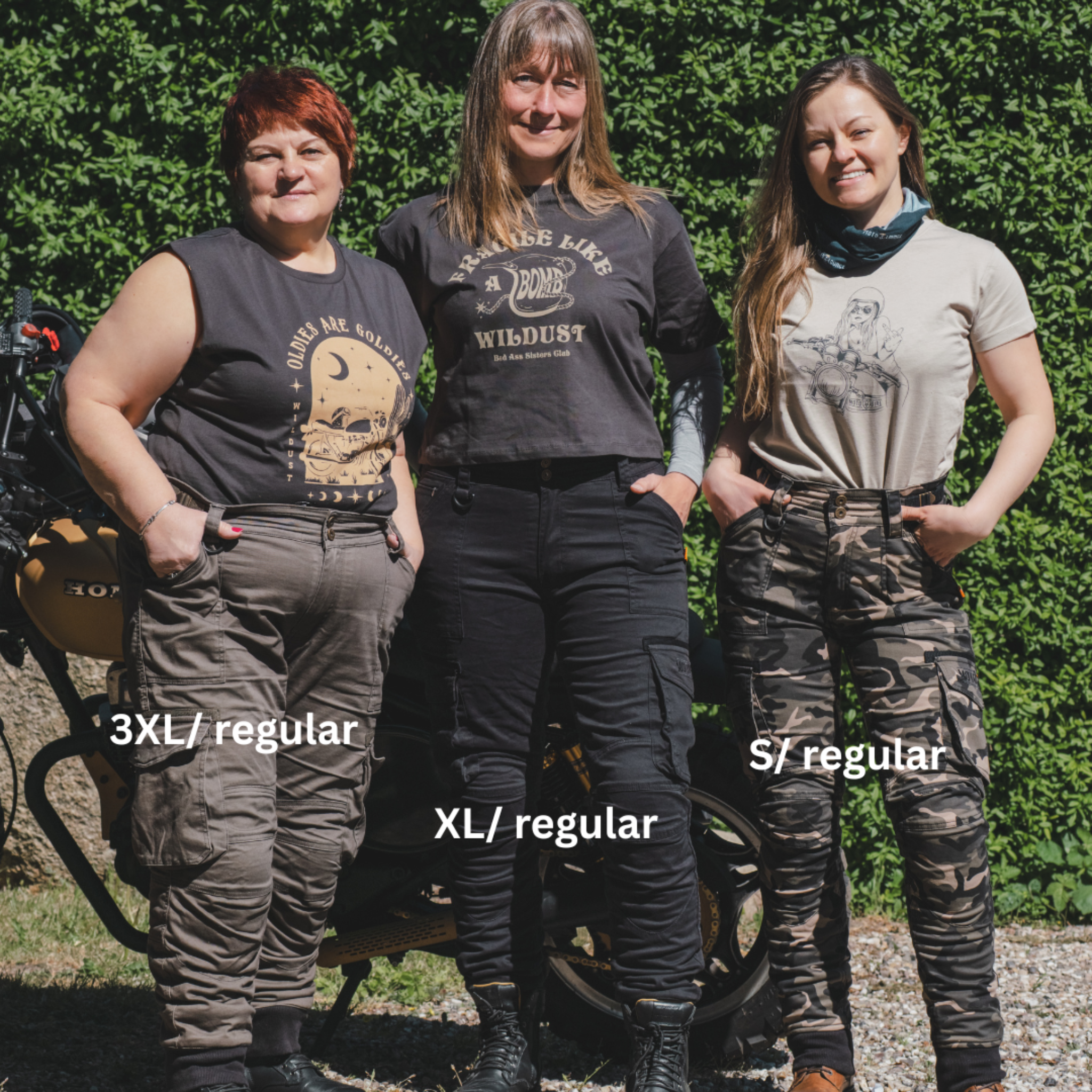 three women of difference sizes demonstrating the motorcycle cargo pants in different colous