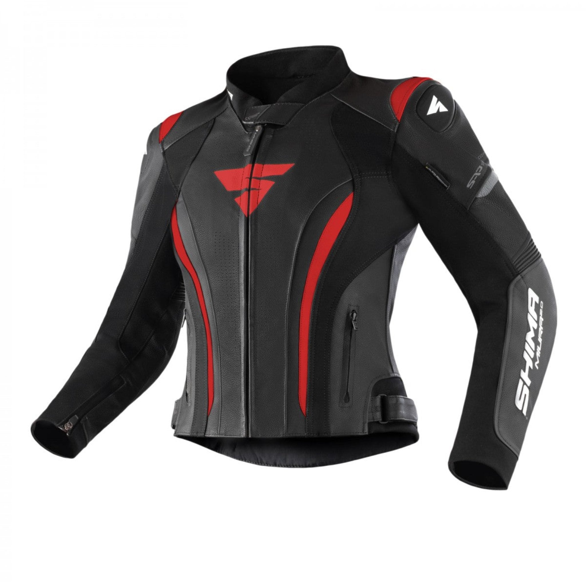 a front of the black and red Shima motorcycle sport jacket