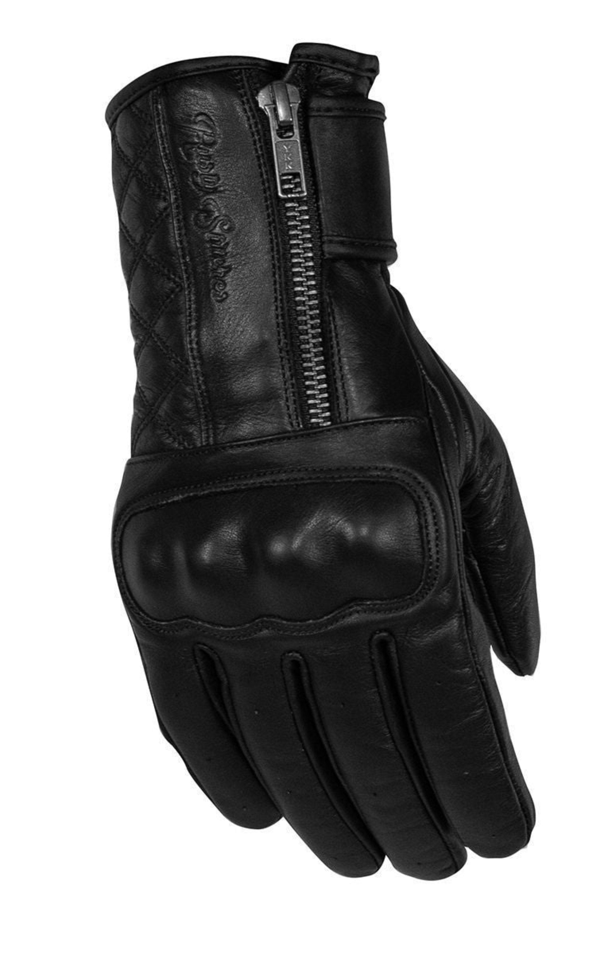 black leather lady motorcycle glove with a zipper from Rusty Stitches