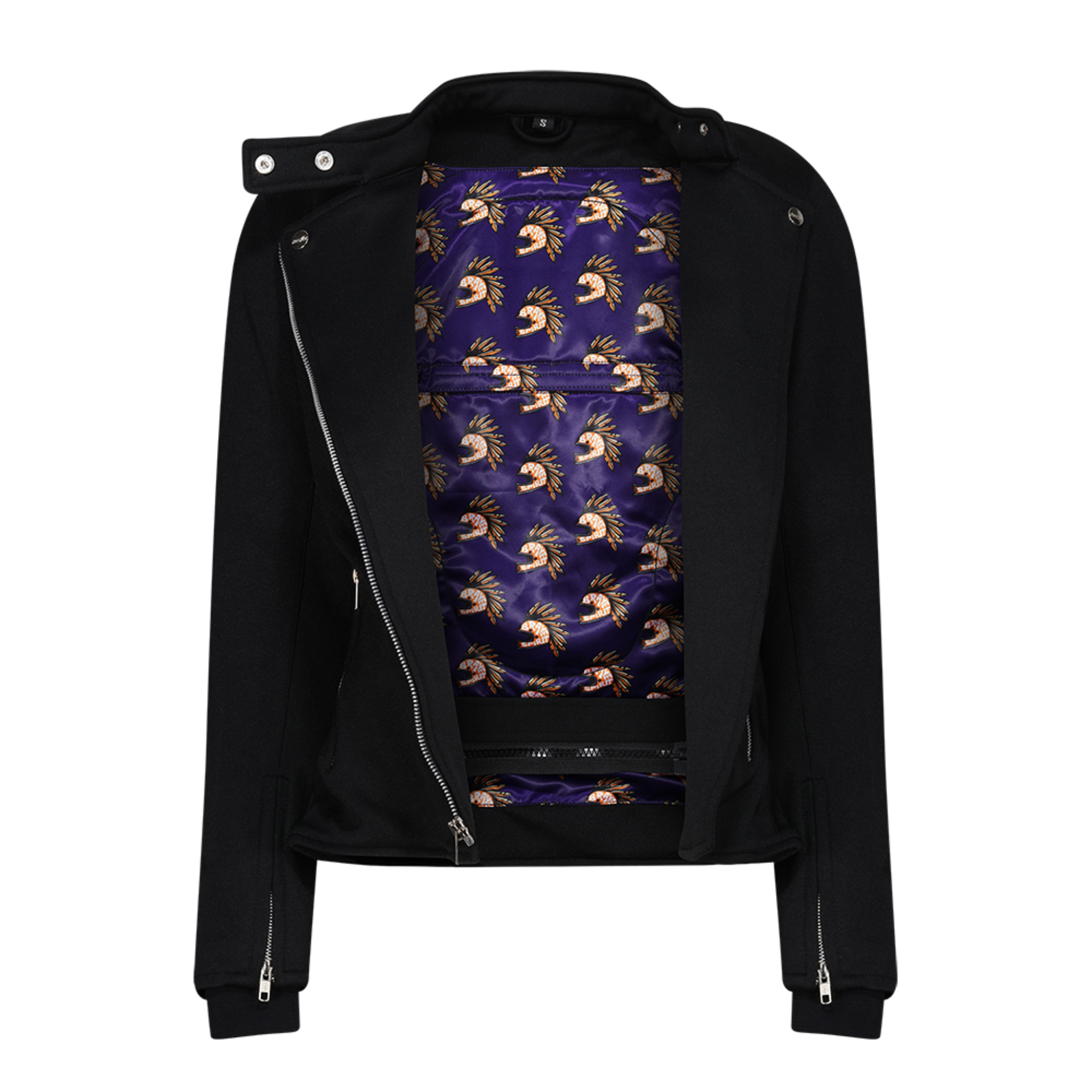 colourful inner lining of a  black retro style woman's motorcycle jacket with silver zip details