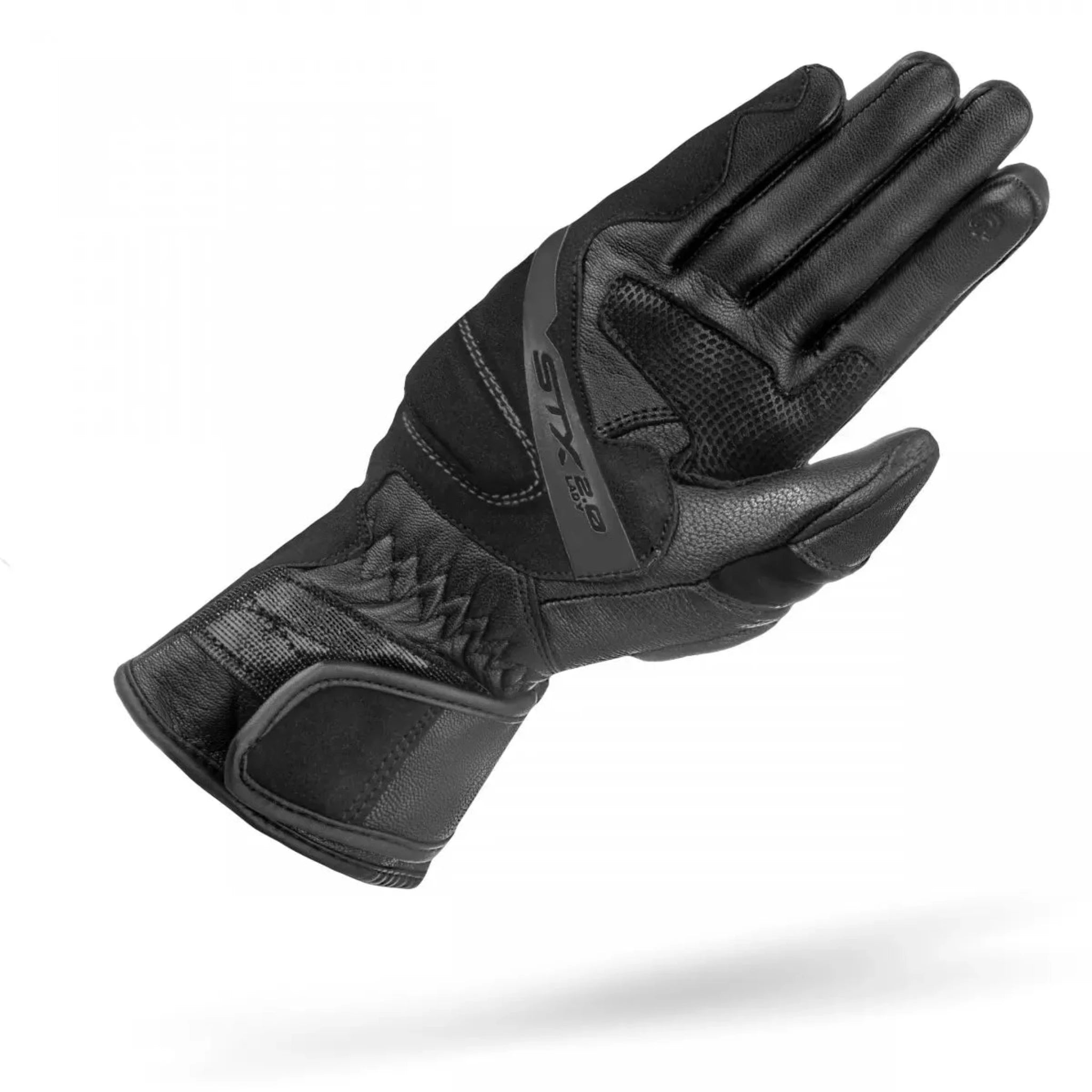 a palm of black long leather motorcycle gloves STX