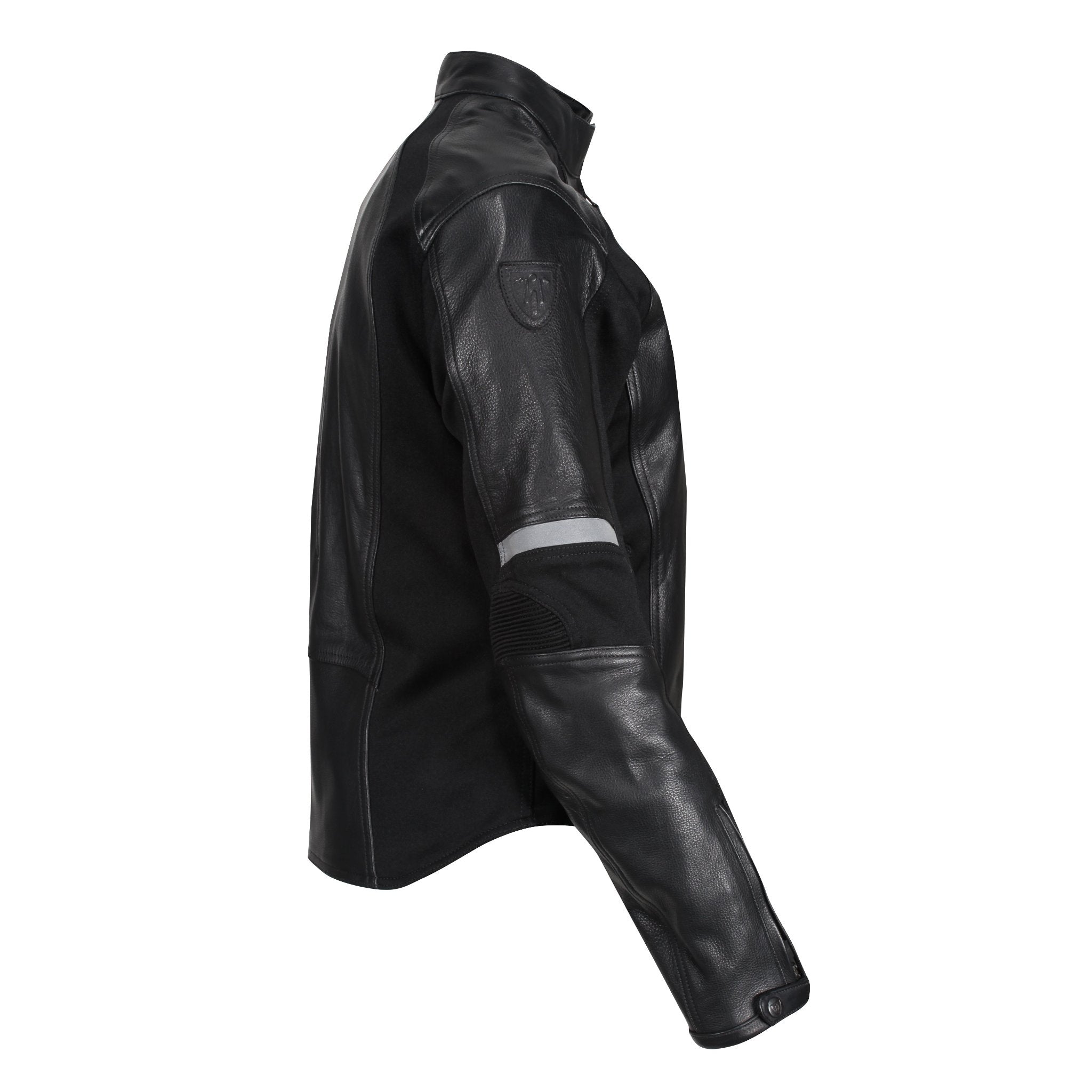 The side of Black leather women's motorcycle jacket with reflectors on the sleeves from Moto Girl
