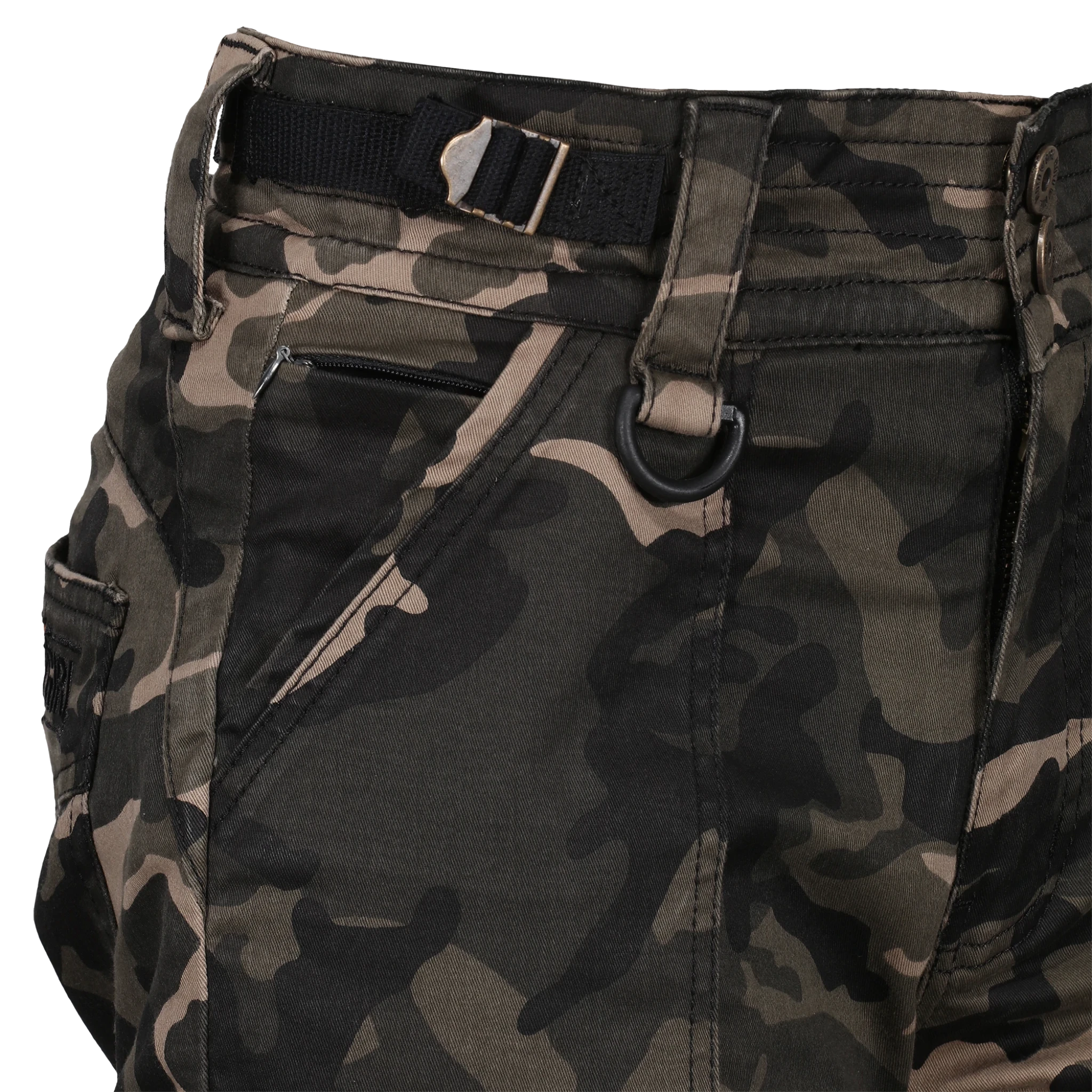 A close up of the details on women camouflage motorcycle cargo pants from Moto Girl