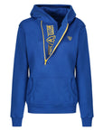 Blue and yellow motorcycle helmet hoodie from Moto Girl from front