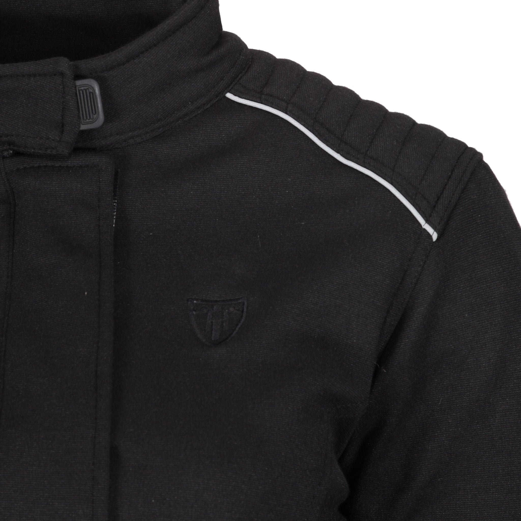 The shoulder of the black women's textile motorcycle jacket from MotoGirl