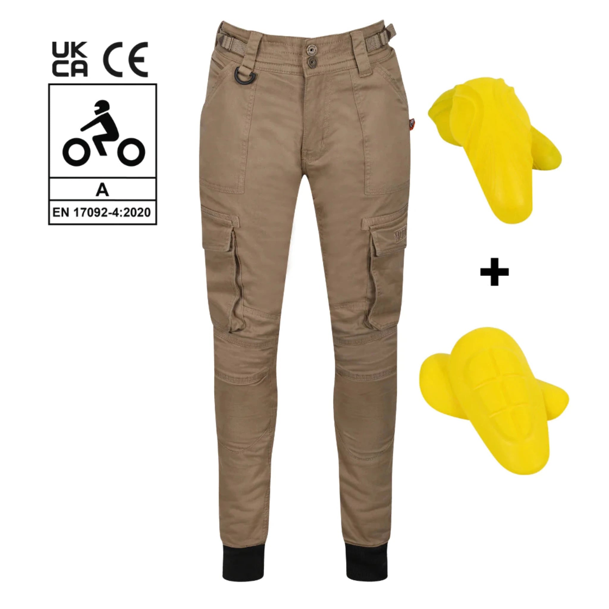 A close up of the pockets on beige women's motorcycle cargo pants with yellow impact protectors from mOTO gIRL