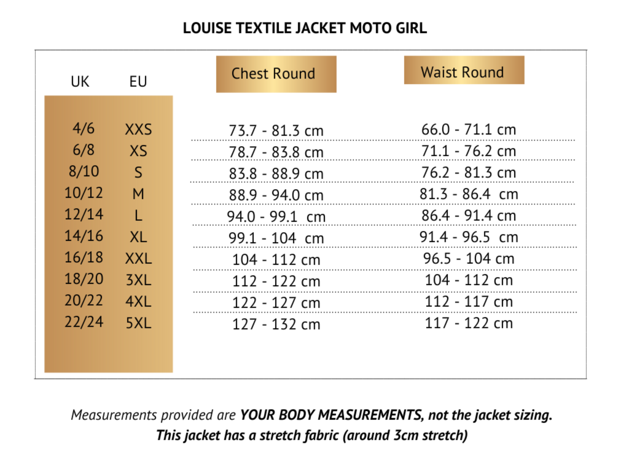 Size chart for textile motorcycle jacket Louise for women