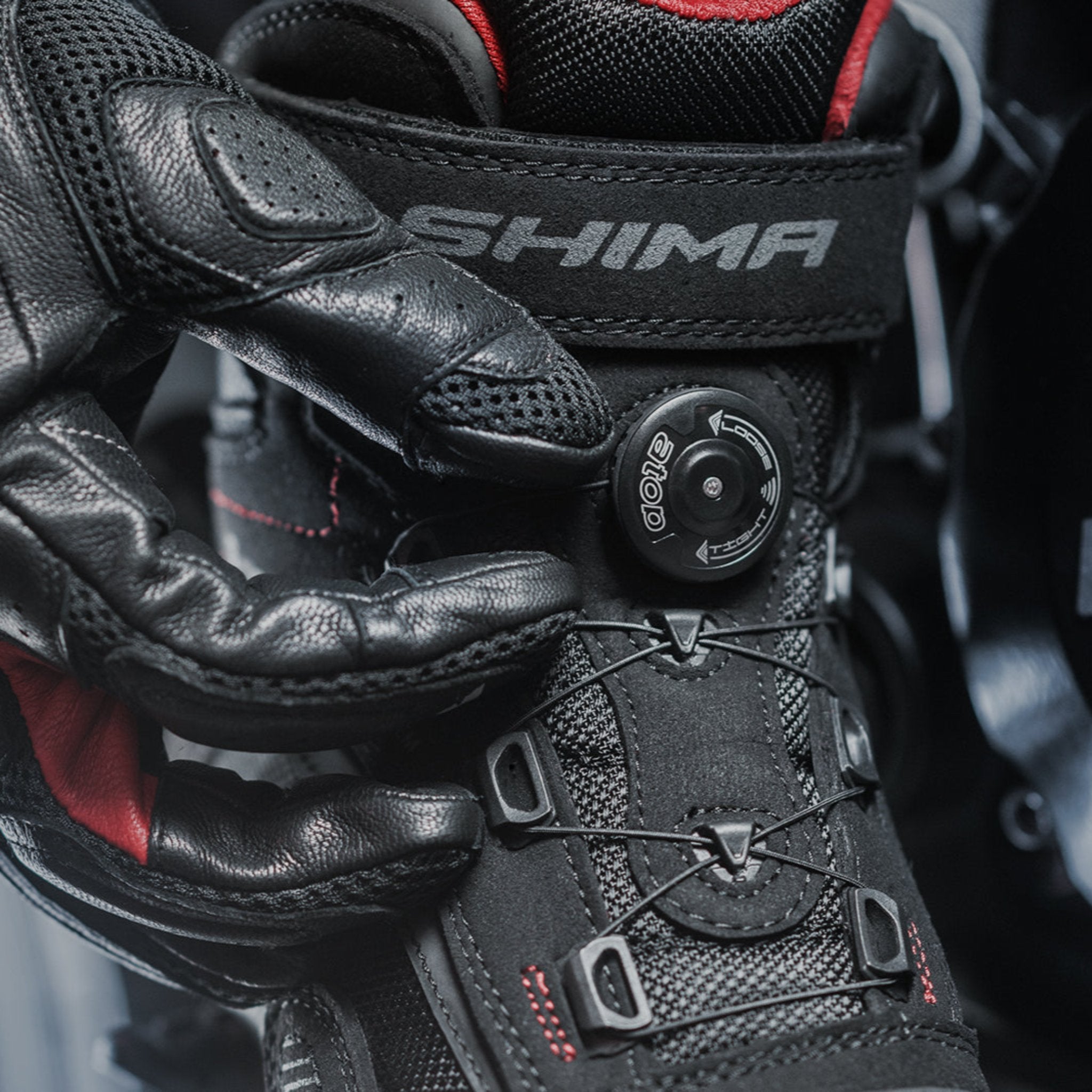 Exo black and red female motorcycle sneaker from Shima  close up