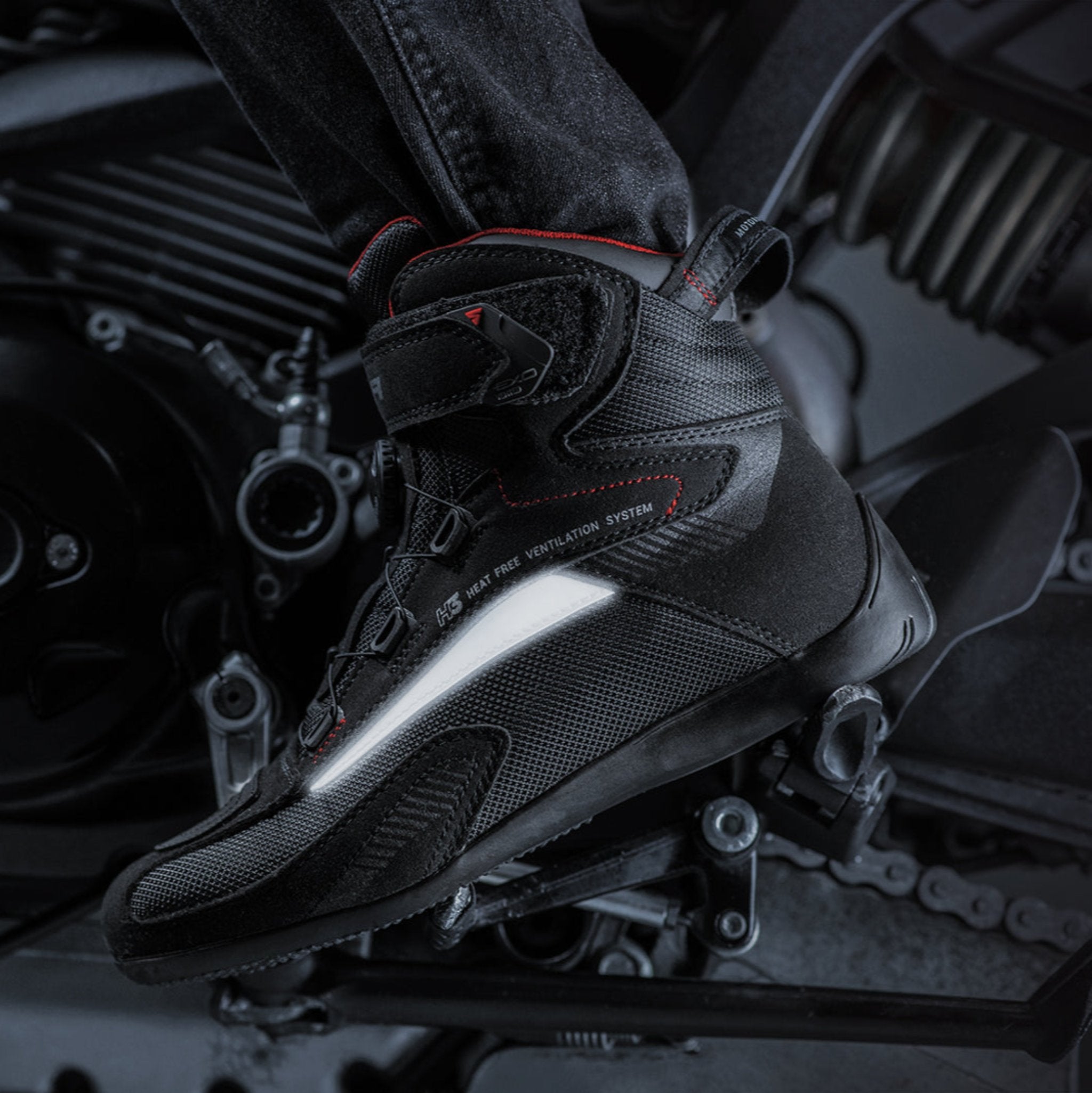 Reflectors on Exo black and red female motorcycle sneakers from Shima