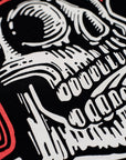 Black women's motorcycle t-shirt with red scull motive close up
