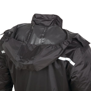A close up of a women's waterproof motorcycle jacket with a hoodie