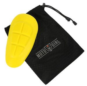 Yellow motorcycle limb protector with a MotoGirl black bag