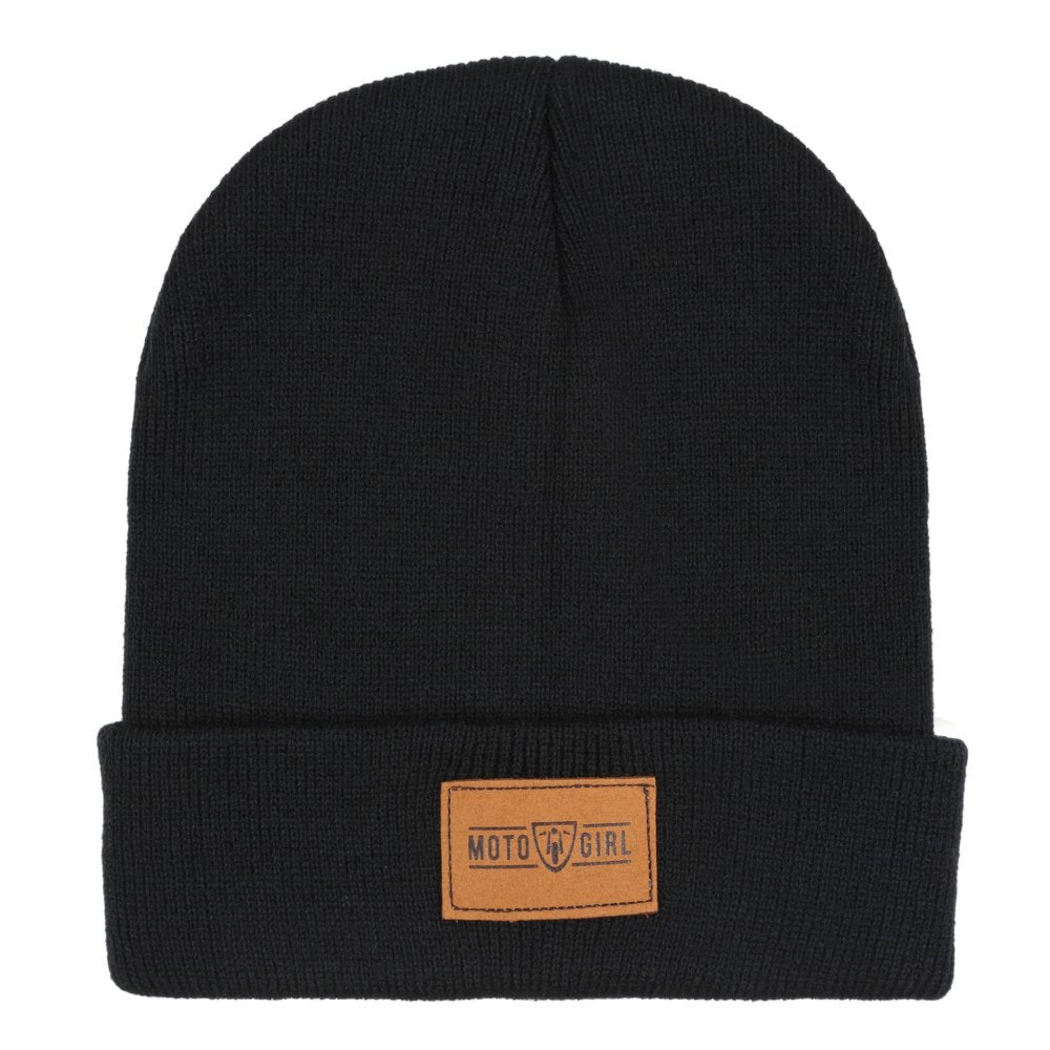 Black beanie from MotoGirl with a brown faux leather tag on the front featuring the MotoGirl logo.