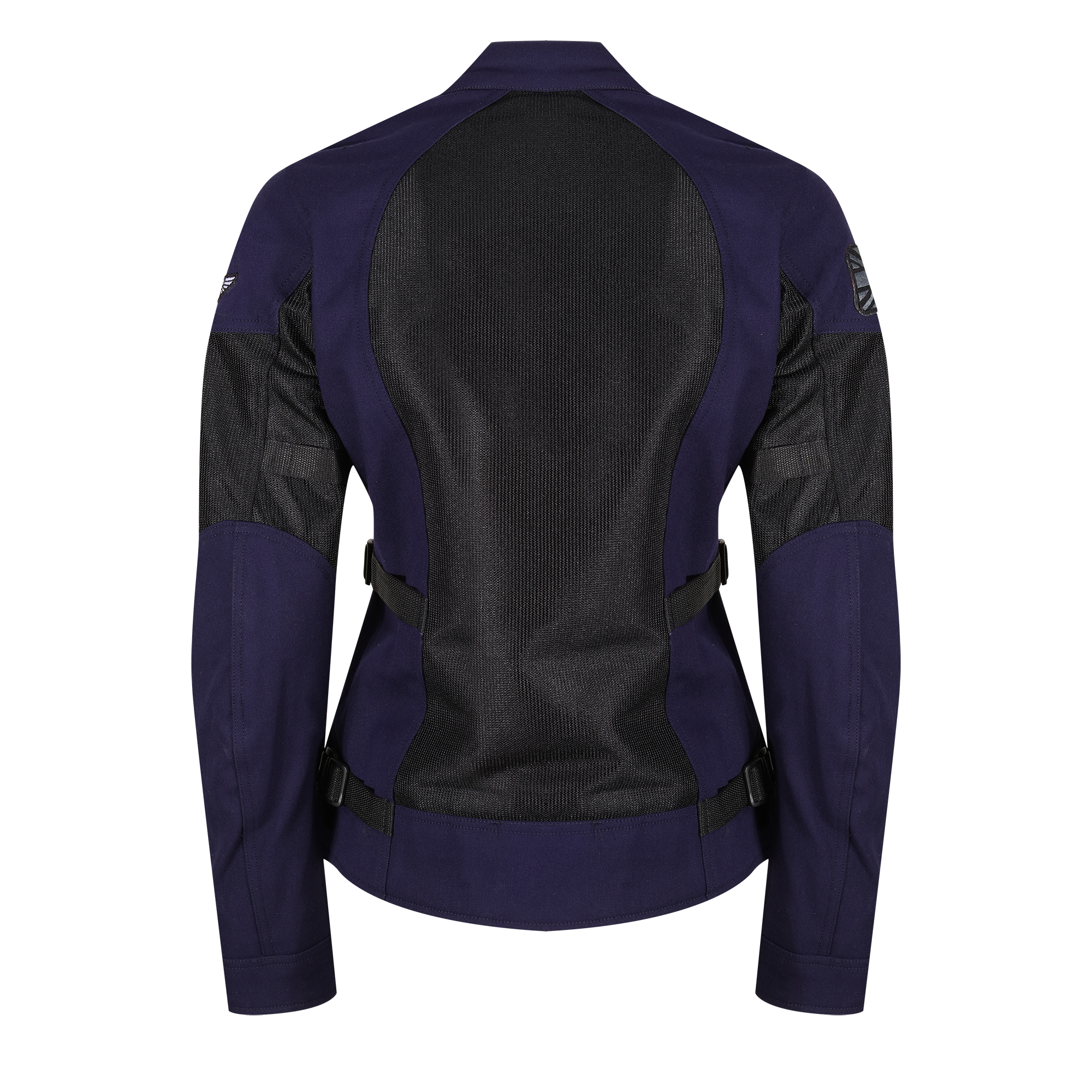 The back of  a blue and black women motorcycle mesh jacket from MotoGirl 