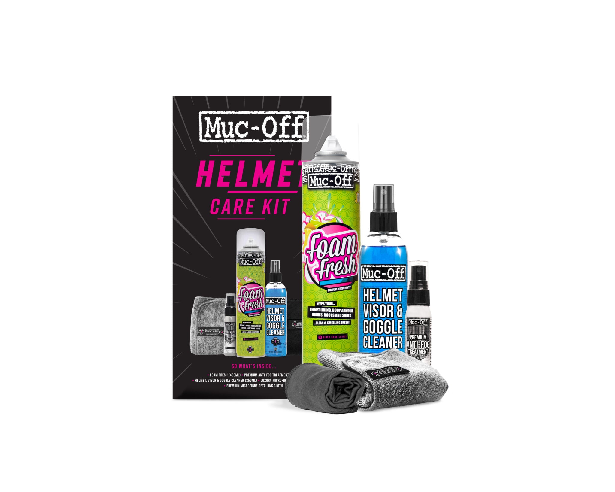 Helmet care kit from Muc-Off with foam fresh, helmet visor cleaner and antifog spray 