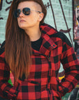 woman with sunglasses wearing  red and black flannel-style women's jacket from moto girl