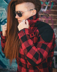 woman with sunglasses wearing  red and black flannel-style women's jacket from moto girl