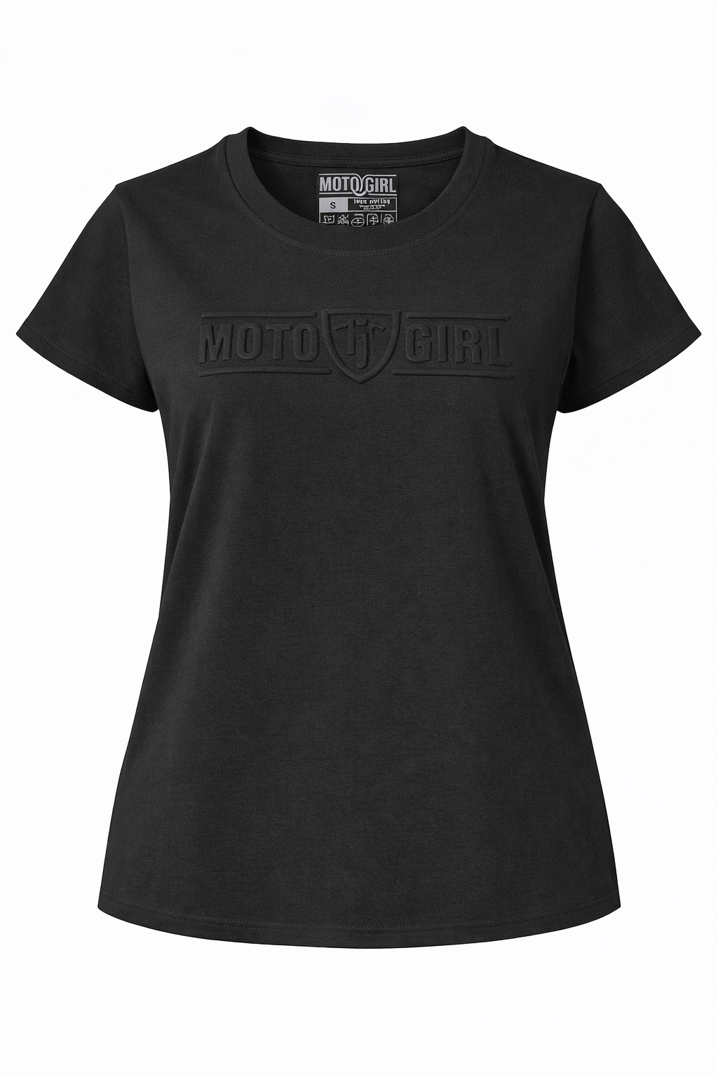 Black t-shirt with a logo on a white background