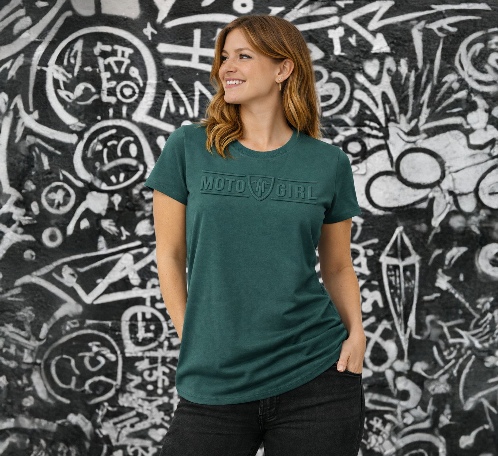 Woman wearing a green 'Moto Girl' t-shirt standing in front of a graffiti-covered wall.